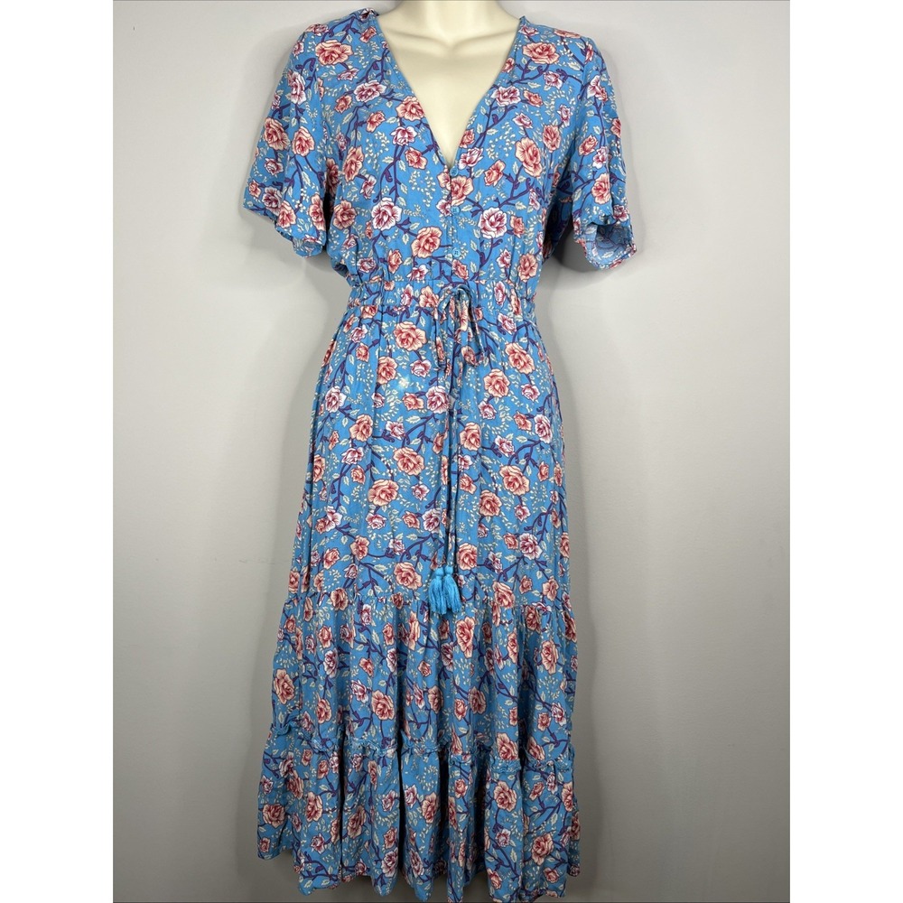 Sunday Mi Amor Tiered Blue Floral Midi Dress XS Cottage Romantic‎ Garden Boho